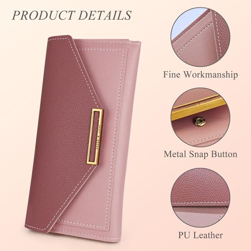 Wallet for Women, Large Capacity PU Leather Bifold Wallet Slim Long Credit Card Wallet with Multi Card Slots (Pink)3