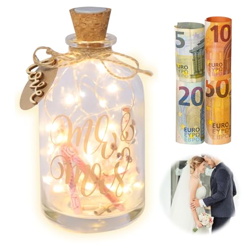 BRISKRE Luz LED para garrafa de casamento, presente de casamento para namorados, presente de casamento exclusivo, mealheiro para dinheiro, presente de casamento, presente de dinheiro, personalizável,