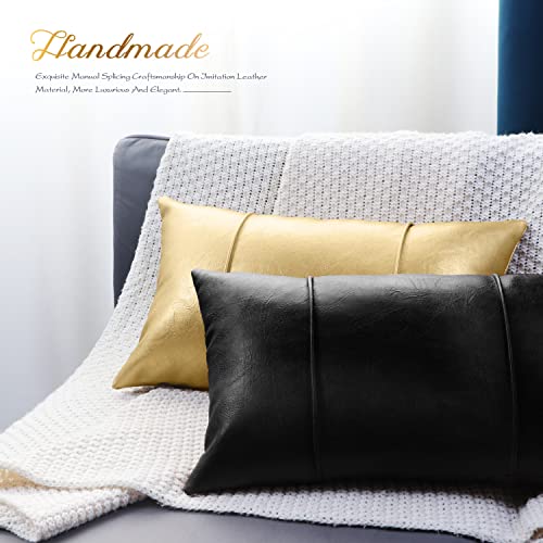 Brawarm Black Leather Throw Pillow Covers 12 X 20 Inches - Faux Leather Lumbar Pillow Cover With Piping, Hand Stitched Leather Throw Pillow For Couch Sofa Bed Living Room Home Decorative #TOP3