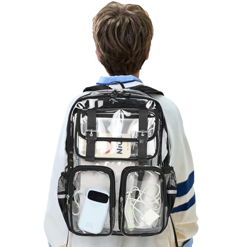 Clear Backpack for School - 17" Transparent Backpacks With Water-Resistant PVC Plastic Material and Ruggedly Reinforced Shoulder Straps, School Bag for Teen Boys Girls Black4