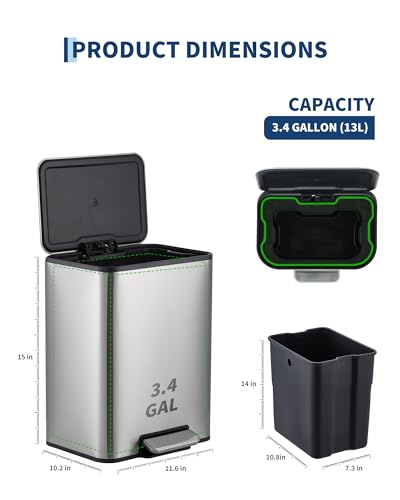 Caneca de basura rectangular 13 L acero inoxidable plateado miniatura 6