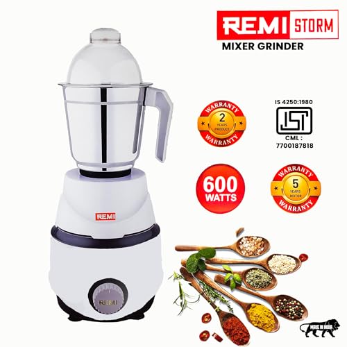 Image of REMI 800 W Mixer Grinder With 3 Jars (3 Stainless Steel Jars) 4 Super Efficient Stainless Blades 2 Years Warranty White-Gray (STROM 800 W)
