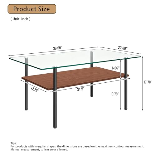 Image of 38.6 inch Glass Coffee Table for Living Room, 2-Tier Modern Center Table with Clear Tempered Glass Top, Brown Wood Shelf & Black Metal Legs, Accent Tea Table for Small Space, Easy to Assemble
