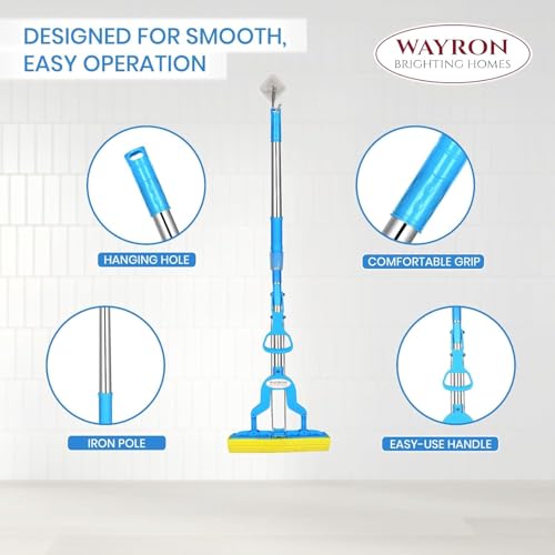 Image of Wayron Heavy Duty Stainless Steel Sponge Mop | Super Absorbent PVA Butterfly Floor Cleaning Mop | Durable Roller Squeeze for Home, Kitchen & Bathroom