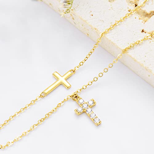 Sisgem 14K Yellow Gold Cross Anklets For Women,Real Gold Religious Cross Ankle Bracelet Dainty Beaded Foot Jewelry Sea Beach Gifts For Birthday Christmas 8+2 Inch #TOP4