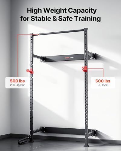 VEVOR Power Cage Klappbar 454 kg Belastbar, Wandmontiertes Power Rack, Multifunktionales Krafttrainingsgerät mit Landminenbefestigung & verstellbaren J-Haken & Klimmzugstange für Heimfitnessstudio