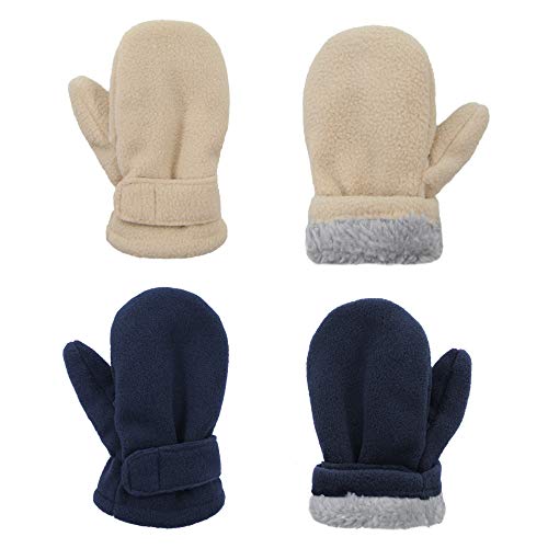 Boys and Baby Winter Sherpa Lined Fleece Mittens Unisex Warm Toddler Kids Gloves Navy Blue & Beige 1-2T