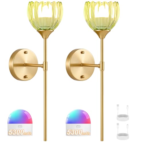 Image of Vintage Battery Operated Wall Sconce Set of 2, Green Tulip Glass Lampshade Wireless 5300 mAh Rechargeable Battery Powered LED Wall Light with Remote Dimmable for Bedroom Bathroom Living Room