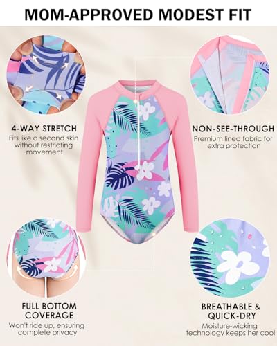 Image of Century Star UPF 50+ Girls Long Sleeve Swimsuit - Rash Guard Swimsuit Toddler Kids Teen One Piece Bathing Suit Zip 2-15Y