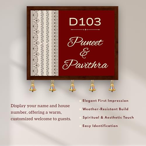 Image of Customised Name Plate for Home Entrance | Wooden Door Name Plate with Brass color Bell & Matte Finish for Home Decor | Personalized with Name & Apartment Number | 10x14 inch | Housewarming Gift