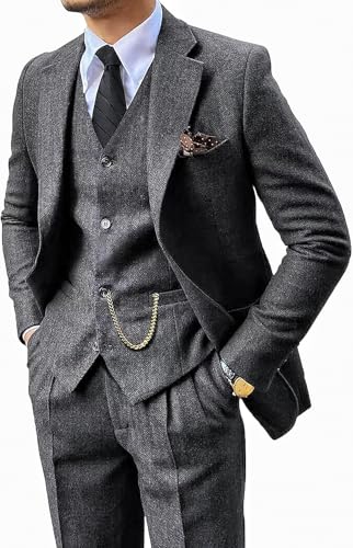 3 Pieces Tweed Herringbone Men's Suits Slim Fit, Tweed Vintage Blazer Vest Pants for Men for Groom Tuxedos Prom