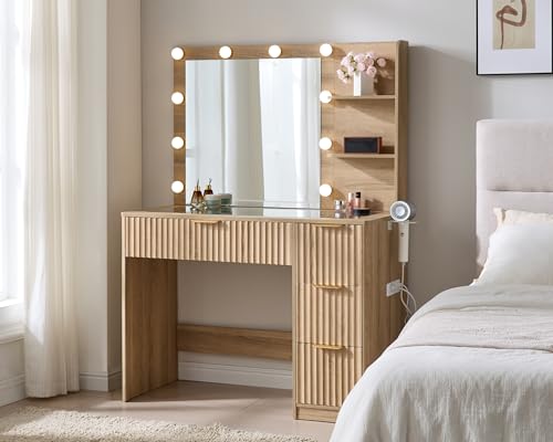 Image of AMERLIFE 36.2 inch Fluted Vanity Desk with Mirror and Adjustable LED Lights, Large 4 Drawers Makeup Table with Glass Top and Charging Station for Women and Girls, Bedroom or Dorm, Natural Oak