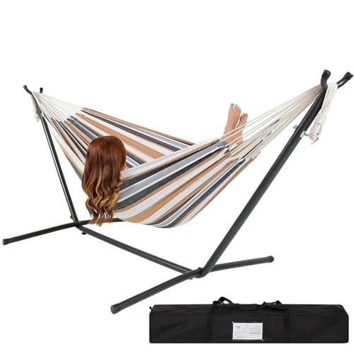 Portable Cotton Hammock in Desert Stripe with Metal Stand and Carry Case New