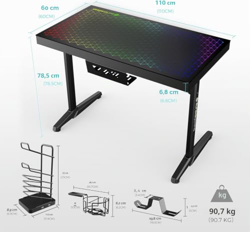 EUREKA ERGONOMIC Bureau de gaming en verre avec RGB - 110 x 60 cm - Bureau de gaming en verre pour PC - Bureau pour ordinateur avec synchronisation musicale, commande par application, crochet pour – vue 3