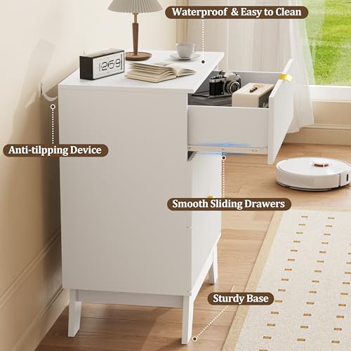 Image of Fluted Nightstand Sets of 2 with 3 Large Drawers, Wooden Side End Table with Elevated Legs for Easy Cleaning, Sturdy Modern Beside Table for Small Space, Bedroom, White, 24 inch L