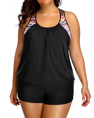 Image of Womens Plus Size Tankini Swimsuit Two Piece Tummy Control Bathing Suit | Blouson Racerback Tankini Top with Shorts, Double Up Design, Removable Pad
