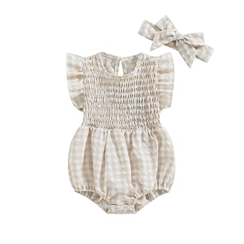 Image of MA&BABY Newborn Baby Girl Bodysuit Sleeveless Halter Frill Romper One-piece Jumpsuit with Headband Summer Clothes Set (Sleeveless Khaki, 0-3 Months)