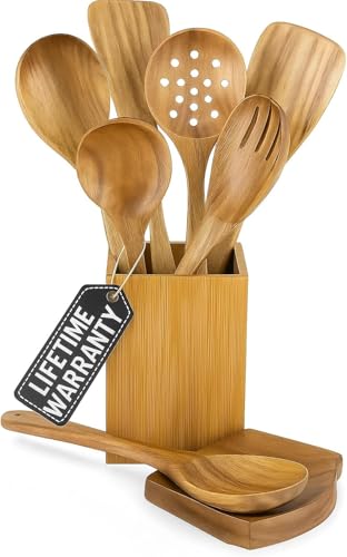 STORE INDYA 8 Piece Wooden Spoons for Cooking with Spoon Holder and Spoon Rest | Acacia wood Nontoxic Nonstick cookware compatible Wooden cooking utensils set | Lightweight & Durable