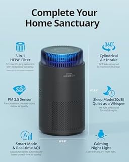 COWAY Air Purifiers for Home up to 810 ft², HEPA Filter and Carbon Filter for Smoke, Allergies, Pet Dander, Odor, AQI Monitor, Auto Mode, Timer, Filter Indicator, Night Light, 3yr Warranty, 100 Black