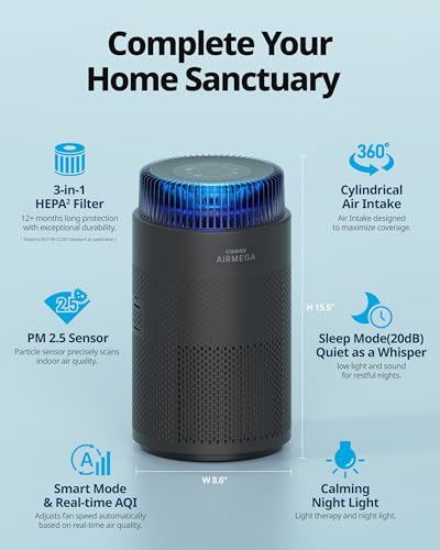 Image of COWAY Air Purifiers for Home up to 810 ft, HEPA and Carbon Filter for Smoke, Allergies, Pet Dander, Odor, AQI Monitor, Auto Mode, Timer, Filter Indicator, Night Light, 2yr Warranty, Airmega 100 Black