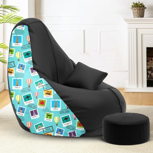Image of Amazon Brand - Solimo Premium Faux Leather Bean Bag Combo with Footrest & Cushion, Filled with Beans | Capacity: Upto 6 Ft 3 in Height, 120 KG Weight | 3XL | Globe Trotter | Black