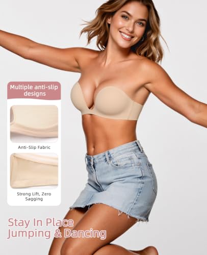 Image of Upushall Strapless Push Up Bras for Women Padded Deep Plunge Seamless Bra