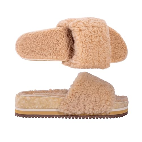 Fleks Cito Slide - Women's super soft curly teddy bear shearling, comfortable arch, cushioned midsole, Slipper,