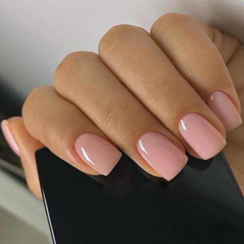 Square Press on Nails Short Fake Nails Nude Color Acrylic Nails with Solid Color Design Full Cover False Nails Glossy Glue on Nails Cute Stick on Nails for Women DIY Manicure 24 Pieces