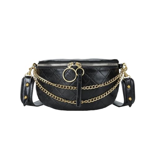 Pochete de couro feminina transversal, bolsa de cinto elegante com corrente dourada - bolsa de cintura de luxo preta (preto-2)