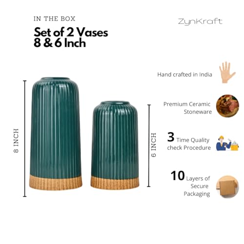 Image of Ribbed Design Ceramic Flower Vase for Living Room, Flower Pots for Artificial Flower, Home Decoration Item, Home Decor, Vases for Home, Office, or Gifts VASE ONLY NO Flowers - (Green, 6 & 8 Inch)