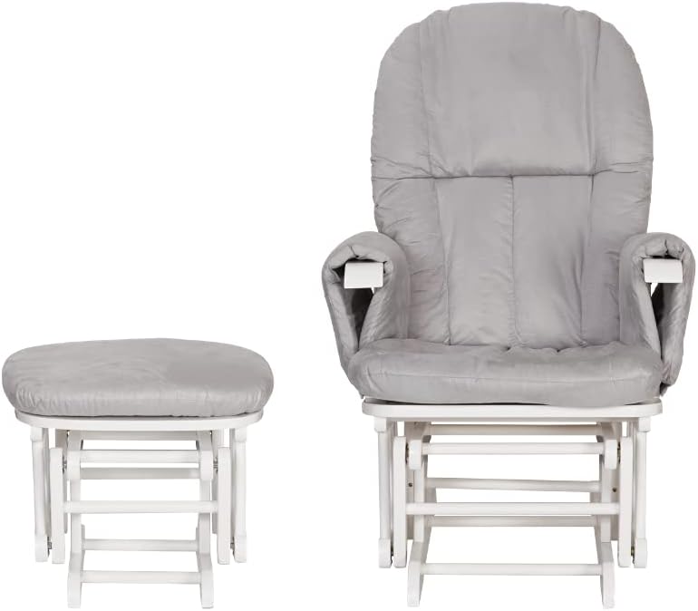 Tutti Bambini GC35 Padded Smooth Glider Baby Nursing Chair & Foot Stool with 3 Reclining Positions – White Wood Frame with Grey Soft Fabric Cushions