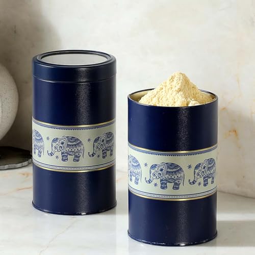 Image of Premium Airtight Kitchen Container Set |1100ML- Set of 2| Food Grade Metal Jars for Dals, Rice, Grains, Pasta & Dry Food Storage| Moisture Proof, Leakproof| Blue Elephant Design