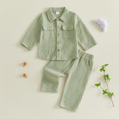 Image of VISGOGO Toddler Boy Linen Outfit Baby Boy Fall Winter Clothes Set Button-Down Shirt Tops Cotton Linen Pants 2PCS