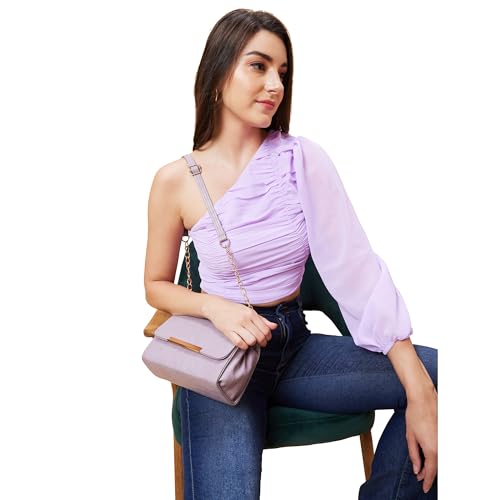 Image of Globus Women Lavender Solid One Shoulder Pleated Party Crop Top-3638307003