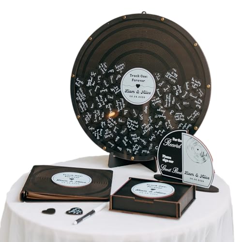 Personalized Vinyl Record Wedding Guest Book Alternative – Black Wood Sign with Custom Names and Date – Alternative Wedding Reception Decor - Fall Wedding Guestbook Reception