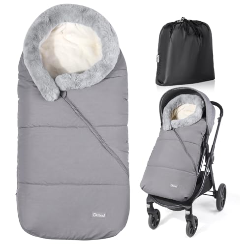 Orzbow Saco Capazo Bebe Invierno, Impermeable Saco Silla Paseo Universal con Cuello de Piel Desmontable, Saco Carro Bebe con Cremallera Ajustable, Forro Polar Caliente, Fácil Acceso, Gris Claro