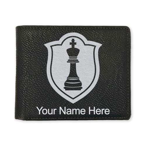 LaserGram Faux Leather Bi-Fold Wallet, Chess King, Personalized Engraving Included (Black with Silver)
