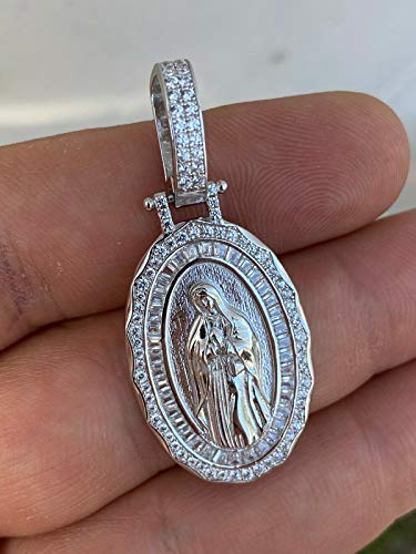 Harlembling Solid 925 Sterling Silver - Natural Silver Or 14K Gold Finish - Mens Or Ladies Virgin Mary Pendant - Fully Iced Baguette Medallion Great For Any Necklace (Natural Silver) #TOP2