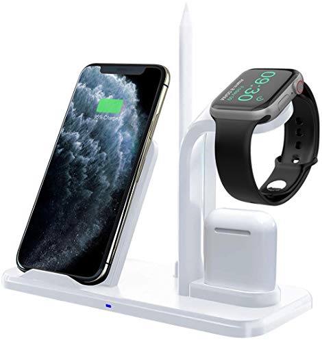 Bestrans Fast Wireless Charger 3 in 1 mit Stylus Stift Stand, Wireless Ladegerät Ladestation für AirPods Apple Watch 4/3/2/1, iPhone XS/XS Max/XR/X/8/8 Plus, alle Qi-fähigen Telefone (Weiß)