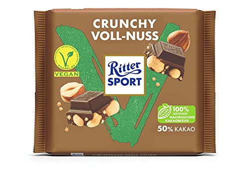 Ritter Sport Crujiente nuez completa 100 g, chocolate vegano con 50% de cacao y nueces enteras. Avellanas tostadas crujientes combinadas con crujientes de amaranto crujientes.