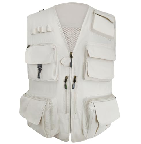TWENPHYO Mens Lightweight Safari Travel Fishing Photography Outdoor Work Cargo Vest with Pockets(White,2XL)