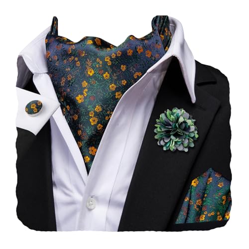Image of Hi-Tie Silk Ascot for Men Self Tie Men's Cravat and Flower Lapel Pin Handkerchief Cufflinks Set for Wedding Party