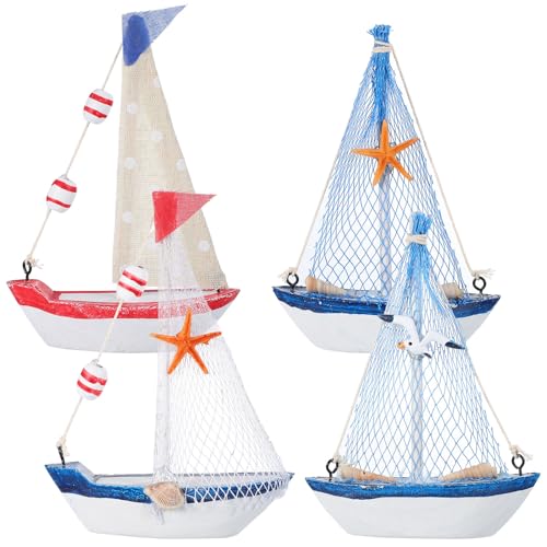 MINAOLULUS Modelos de Barco de Madera y Lona 4 Piezas, Decoración Náutica Mediterránea, Miniaturas de Barco de Tela Beige, Red Azul y Maderas de Pino, Adecuado para Decoración de Mesa