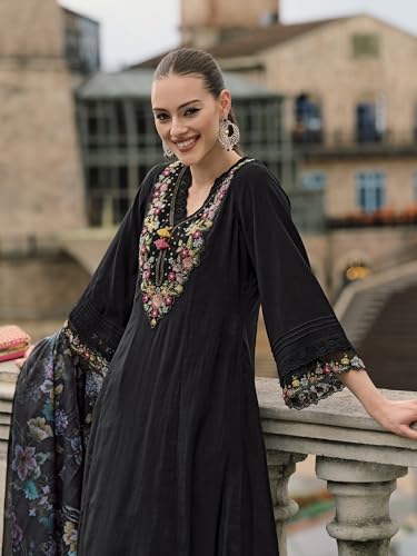 Image of INDO ERA Women's Silk Blend Embroidered Anarkali Kurta & Pant with Dupatta Set