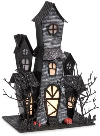 Raz Imports Lighted Black Haunted House Figurine, 14.75-inch Height, Halloween Decor, 4419095