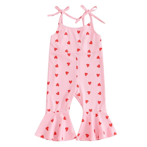 Toddler Baby Girls Valentine's Day Suspender Overalls Sleeveless Heart Print Flare Jumpsuit Bell Bottom Pants Romper (B-Pink, 18-24 Months)