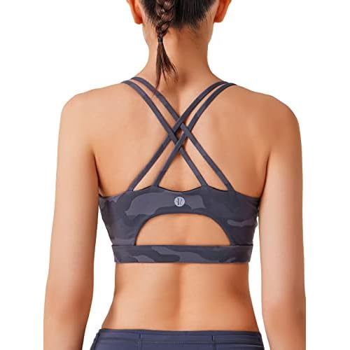 RUNNING GIRL Sports Bras for Women,Padded Sports Bra Tank Top Sexy Crisscross Back High Impact Longline Workout Yoga Bra Camouflage Black Large