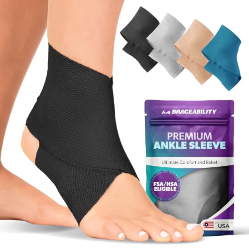 Image of BraceAbility Ankle Compression Sleeve, Ankle Support Brace for Sprained Ankle, Swelling, Tendonitis, Foot Compression Wrap for Running, Ankle Support for Women and Men (Medium - Black)