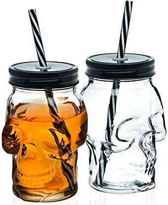 Skull Mason Jar Mug Glass Tumbler Glass Cups with Cover and Straw, Halloween Decor, Drinking Glasses - 16oz, Set of 2