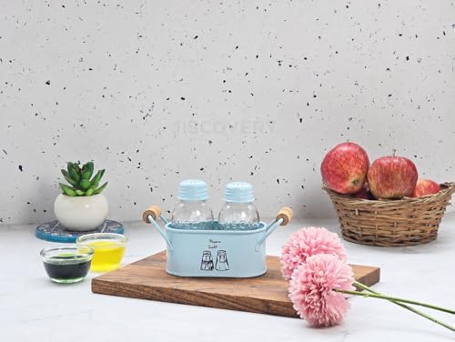 Image of JISCOVERY Salt and Pepper Dispenser Set for Dinning Table with Stand| Glass Bottom Spice Shaker Set with Metal Holder| Spice Sprinklers| 100 ML Each (Blue)